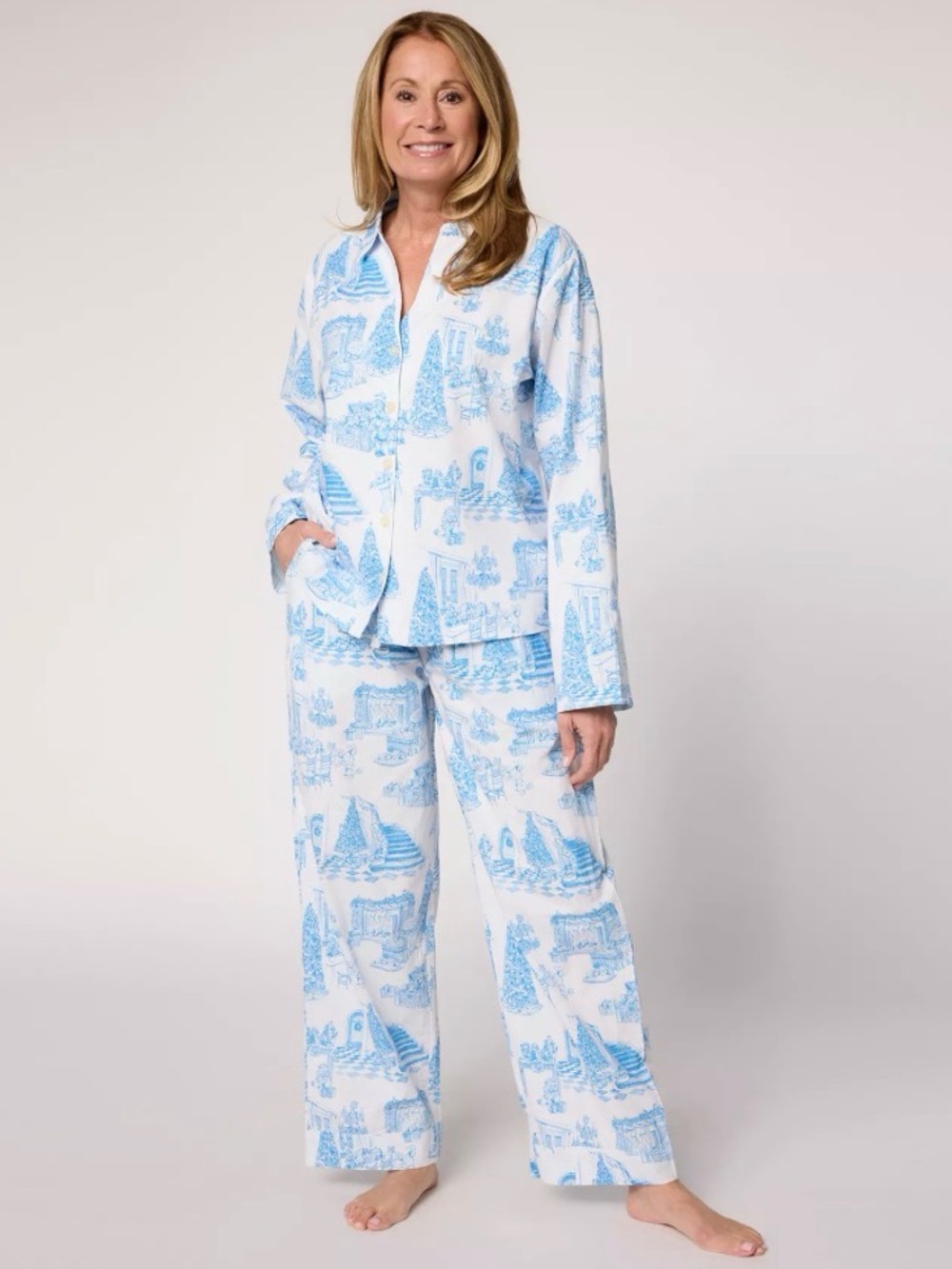 Printfresh x Kathy Hilton Holiday Toile Long Sleep Set Pajamas Blue White XS NWT